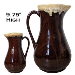 Vintage Studio Pottery Drip Glaze Pitcher Brown Tan Mid Century 9.75" Farmhouse